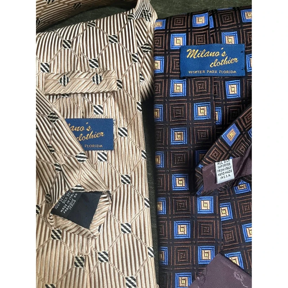 Milano's Clothier Mens Silk Necktie Lot‎ 4 Geometric Medallion Italy Silk USA
